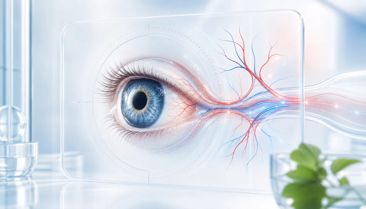 Premium-Grafik mit Auge, Sehnerv und roten sowie blauen Gefäßlinien zur Durchblutung am Auge