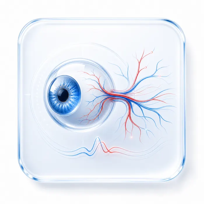 Auge mit Gefäßlinien und Pulslinie als Symbol für frühe Versorgungszeichen