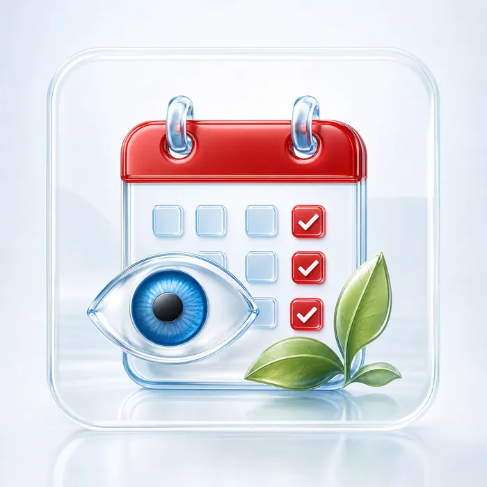 Kalender, Auge und Blatt als Symbol für Kontrolle und Begleitung