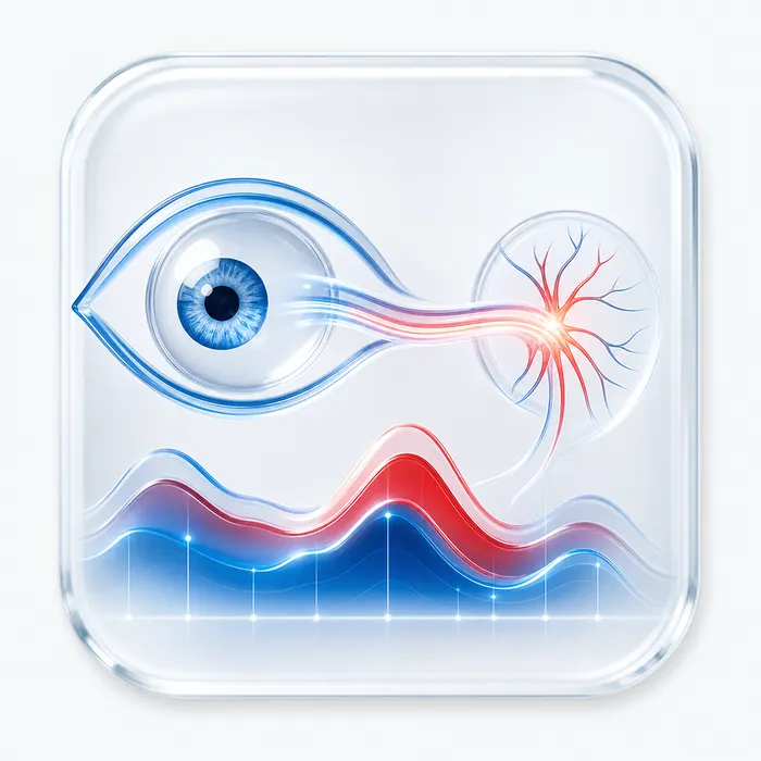 Auge mit Sehnerv und Verlaufskurve als Symbol für Befunde