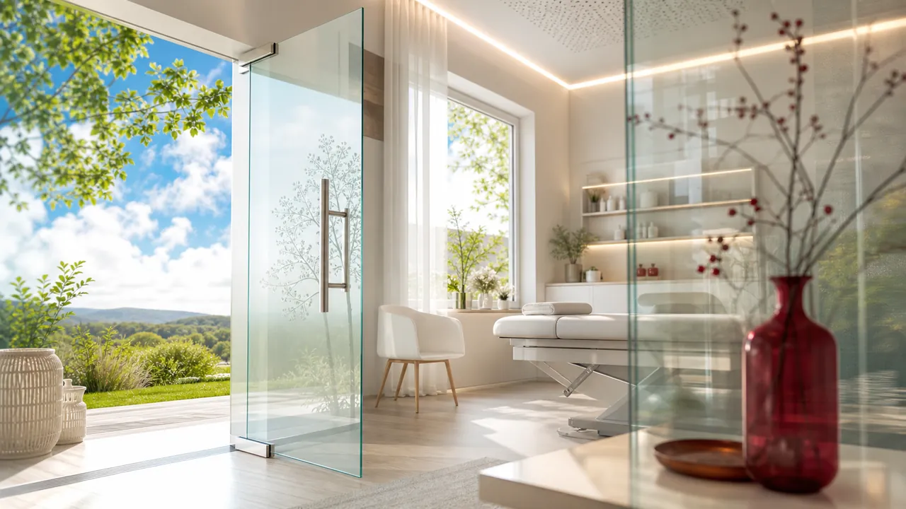 Helle Praxis mit offener Glastür und Naturblick für eine exklusive Gesundheitswoche