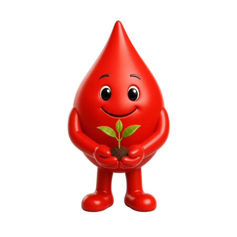 Roter Bluttropfen hält eine kleine Pflanze als Symbol für Kinderwunsch und Wachstum