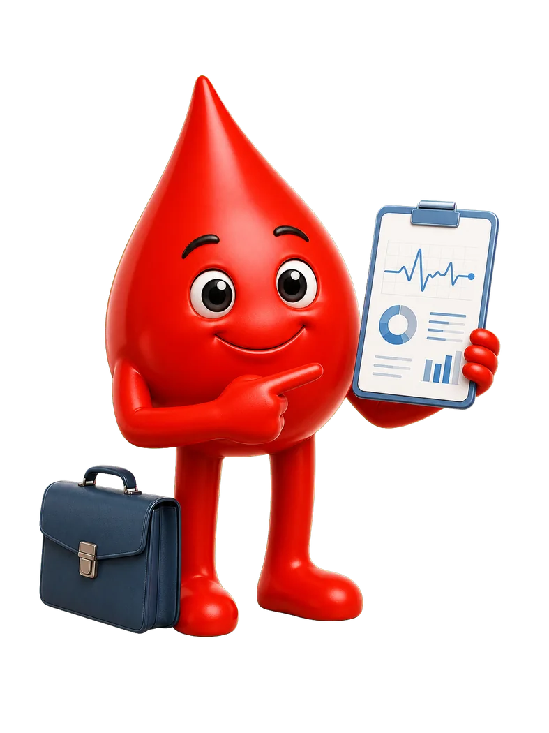 Freigestellter Power-Kur-Blutpropfen mit Gesundheitsauswertung und Aktentasche